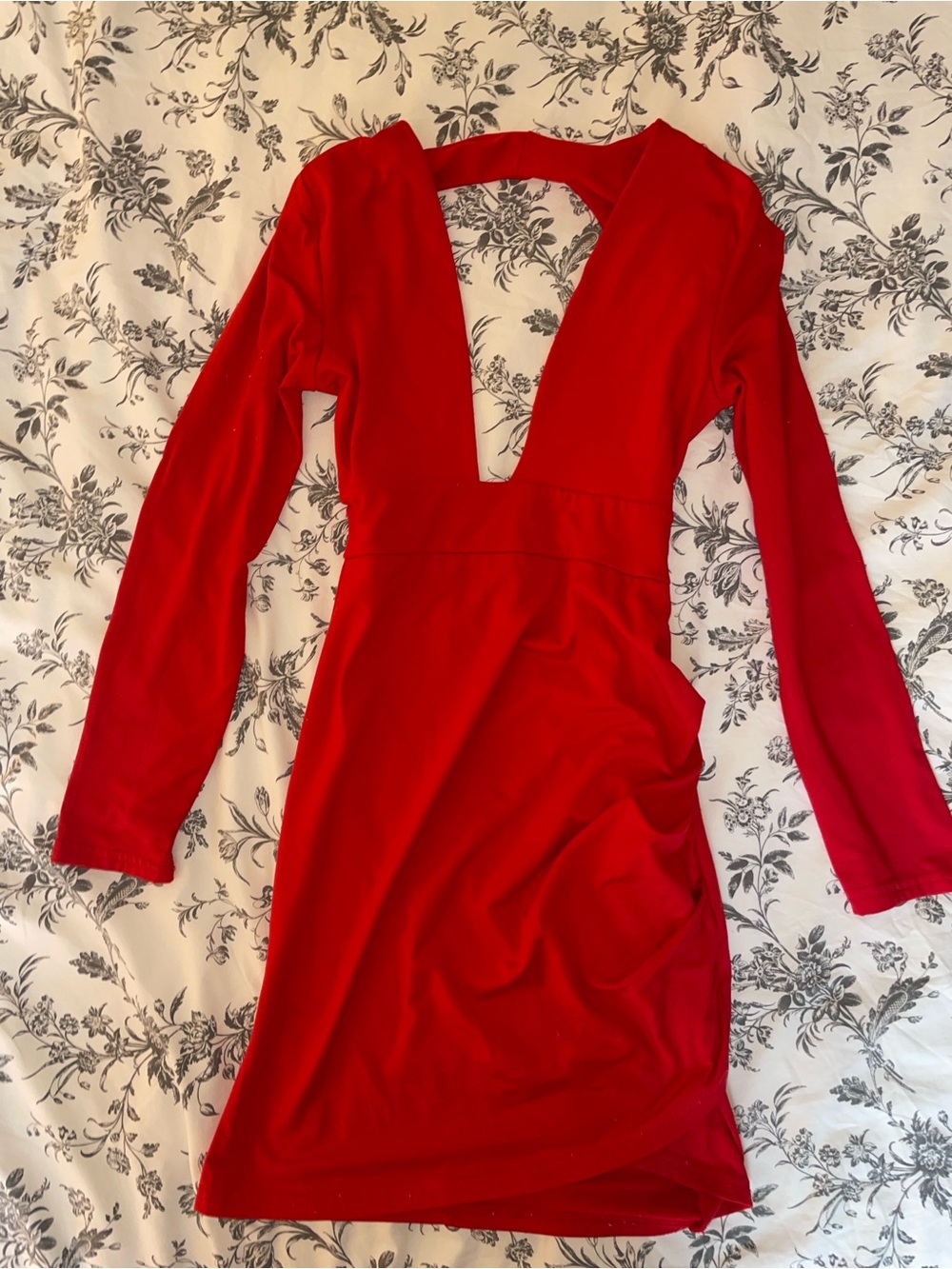 Women's Red Backless Deep V Long-Sleeve Bodycon Dress